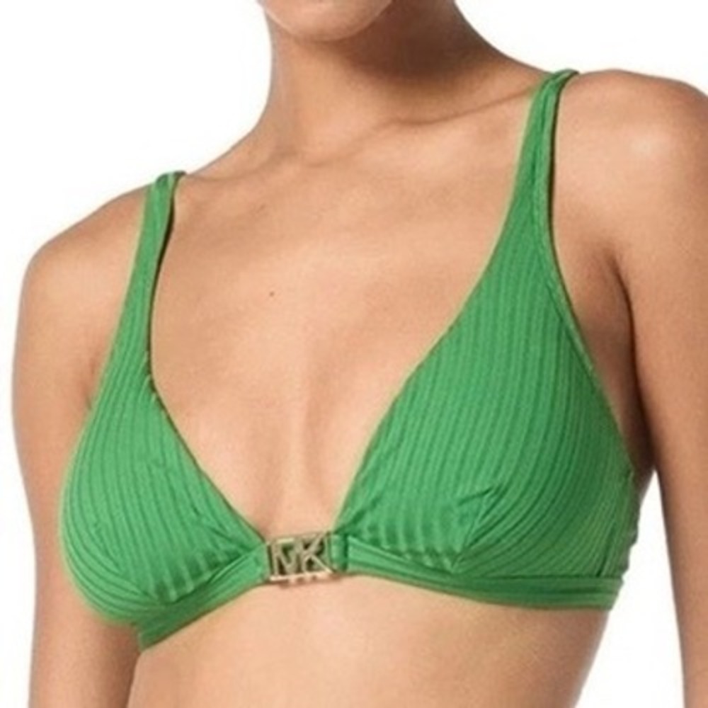 NWT Michael Kors Bikini Top Women Green Ribbed Gold MK Logo Large $60